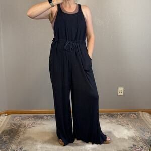 Free People Beach Salopette Shelby Wide Leg Jumpsuit Overall Size M Black Pocket